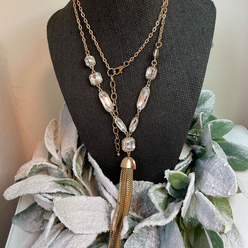 Long Gold Tassel and Rhinestone Necklace